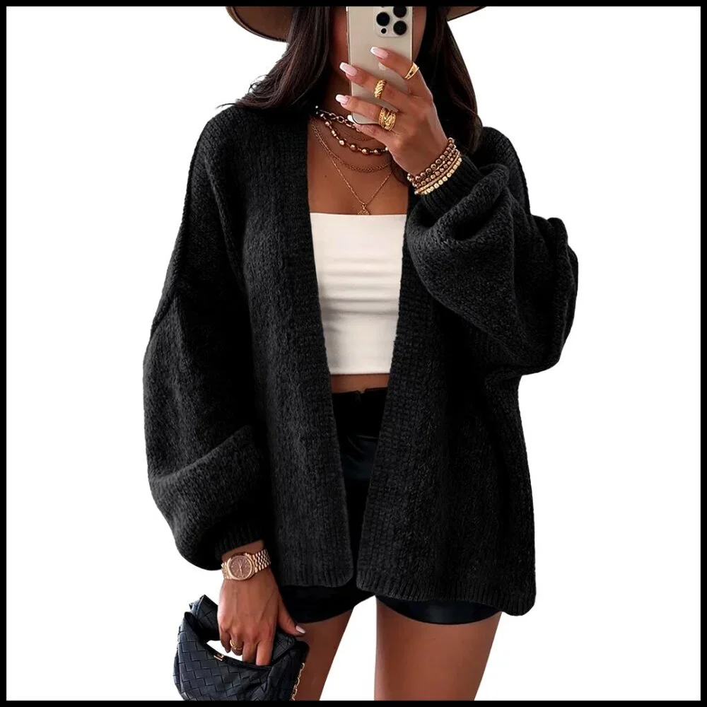 Oversized Chunky Cardigan with Lantern Sleeves, Longline Fit, Cozy Sweater